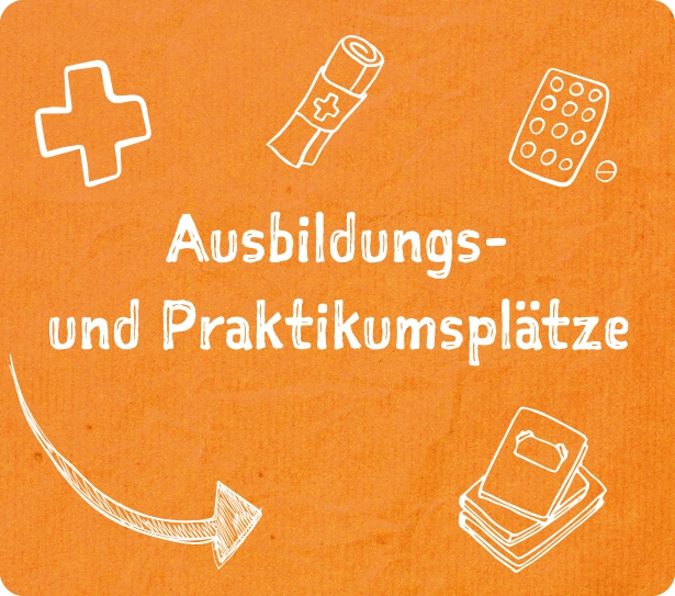 Orange Grafik mit Text „Ausbildungs- und Praktikumsplätze“ und Apotheken-Symbolen.