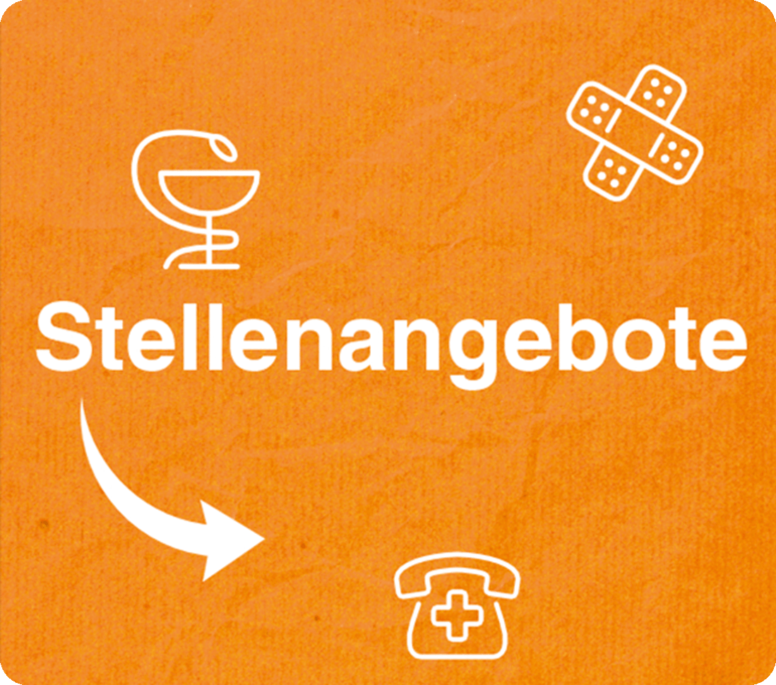 Orange Grafik mit Text „Stellenangebote“ und Apotheken-Symbolen.